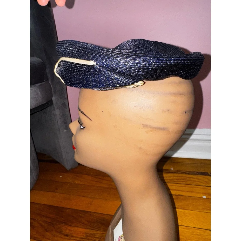 Vintage Bloomingdales Navy Blue Metallic Woven Straw Pillbox Hat with Bow Accent